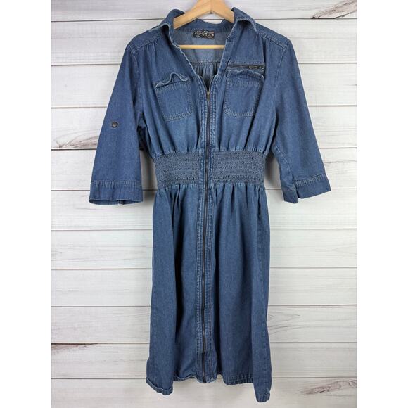 J Gee Women's Dress 3/4 Sleeve Smocked Elastic Waist Blue Size M - Picture 8 of 8